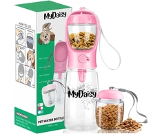 MYDAISY vandens butelis šunims, 550 ml talpos, su 100 g maisto konteineriu, sandarus, baltas