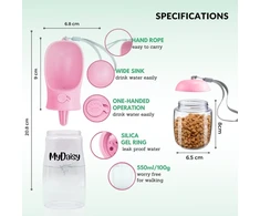 MYDAISY vandens butelis šunims, 550 ml talpos, su 100 g maisto konteineriu, sandarus, baltas