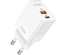 Nitasa USB-C sieninis įkroviklis 30 W su Power Delivery ir Quick Charge, 2 portai, baltas