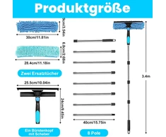 Onperpoe teleskopinė langų valymo šluotelė su 3,2 m ilgio nerūdijančio plieno kotu, dvipusė mikropluošto šluostė ir guminiu grandikliu, DE8851405XMX