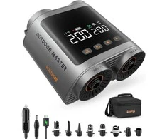 OutdoorMaster elektrinė belaidė SUP pompa, 57,7 Wh, 20 PSI, USB-C, su akumuliatoriumi, 8 antgaliai