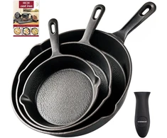 Overmont trijų dydžių apvalių ketaus keptuvių rinkinys, 1,8 l talpa, OM-Skillet Set