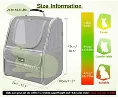 Pecute gyvūnų nešiojimo kuprinė katėms ir mažiems šunims, kvėpuojanti, pilka, iki 6kg, PC-PBT01
