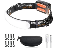 POKISEED LED galvos žibintas, 1500 lm, plati 230° šviesos srovė, įkraunamas, IPX6, 3 režimai, HL002