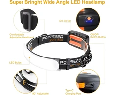 POKISEED LED galvos žibintas, 1500 lm, plati 230° šviesos srovė, įkraunamas, IPX6, 3 režimai, HL002