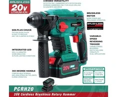 POSENPRO akumuliatorinis perforatorius 20 V, bešepetėlinis, SDS Plus, 4 Ah, 4 režimai, PCRH20