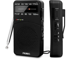 PRUNUS nešiojamas AM/FM radijas su 3,5 mm ausinių lizdu, baterijomis maitinamas J-166