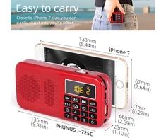 PRUNUS nešiojamas FM radijas su skaitmeniniu laikrodžiu, 3000 mAh akumuliatoriumi, USB/SD/AUX grotuvas, J-725