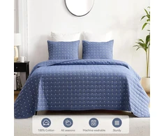 Rankšluostis Qucover dygsniuotos lovatiesės komplektas, 269 × 243 cm, džinsinė mėlyna, medvilnė, 3 dalių rinkinys, kryžminių siūlių raštas