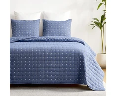 Rankšluostis Qucover dygsniuotos lovatiesės komplektas, 269 × 243 cm, džinsinė mėlyna, medvilnė, 3 dalių rinkinys, kryžminių siūlių raštas