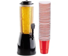 Relaxdays alaus bokštas su kraneliu, 2,5 l, 50 raudonų plastikinių puodelių rinkinys