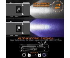 Relybo LED žibintuvėlis su UV 395 nm, 9 režimai, įkraunamas, IPX6 atsparumas vandeniui, FP110