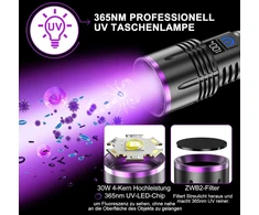 Relybo UV prožektorius 365 nm, 30 W su LCD ekranu, USB-C įkrovimu ir bepakopiu ryškumo reguliavimu, Relybo-P8-DE