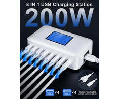RENGOGA daugiafunkcis USB-C įkroviklis, 200 W, 8 portai (4 x USB-C, 4 x USB-A), LCD ekranas