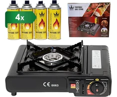 Rex turistinė dujinė viryklė su automatiniu uždegimu, 2.5 kW, aliuminio, su 4 dujų kasetėmis, PLplita+4