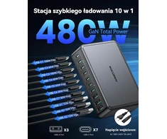 Rocoren GaN USB-C kroviklis 480 W, 10 lizdų, 7x USB-C, 3 x USB-A, PPS, stotelė