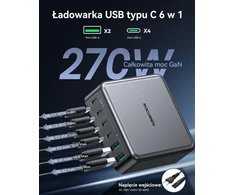 Rocoren USB-C GaN įkroviklis 270 W, 6 lizdų, 4 x USB-C, 2 x USB-A, PD 100 W, QC4.0, PPS, juodas