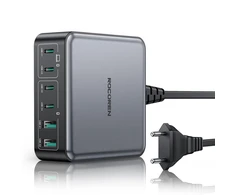 Rocoren USB-C GaN įkroviklis 270 W, 6 lizdų, 4 x USB-C, 2 x USB-A, PD 100 W, QC4.0, PPS, juodas