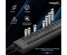 SABRENT maitinamas USB koncentratorius, 16 prievadų, USB 3.2, 90 W, HB-PU16