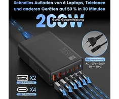 Sefitopher GaN III USB-C 6 prievadų įkroviklis, 200 W, PD, Quick Charge stotelė