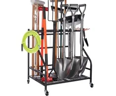 Sinoer trijų lygių metalinė sodo įrankių lentyna su kabliukais ir ratukais, 72x72x55 cm, juoda
