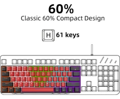 Snpurdiri mechaninė žaidimų klaviatūra 60% kompaktiška, raudoni mechaniniai jungikliai, RGB apšvietimas, USB-C, V900