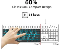 Snpurdiri mechaninė žaidimų klaviatūra 60 proc. su LED apšvietimu, USB-C jungtis, 61 klavišo mini QWERTY, juoda, raudoni jungikliai