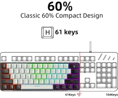Snpurdiri mechaninė žaidimų klaviatūra 60%, laidinė, 61 mygtukas, RGB apšvietimas, mėlynieji jungikliai, juodai balta