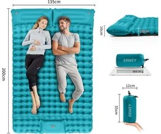 Sofa ERWEY dvivietis savaime prisipučiantis turistinis kilimėlis, 200 × 135 cm, itin lengvas, su pagalvėmis, žydros spalvos