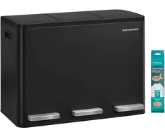 SONGMICS 3 skyrių šiukšlių dėžė su pedalais, 45 l, nerūdijančio plieno, juoda, LTB145BZ02