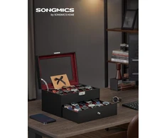 SONGMICS dviejų lygių laikrodžių dėžutė su 20 skyrių ir stikliniu dangčiu, XS-XR-3324