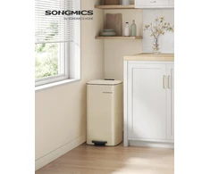 SONGMICS virtuvinis atliekų konteineris su pedalu, 30 l, vidinis kibiras, nerūdijančio plieno, švelnus uždarymas, smėlio spalvos, LTB593A02