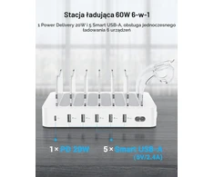 SOOPII 60 W įkrovimo stotelė su 6 prievadais ir USB-C PD 20 W, CS60