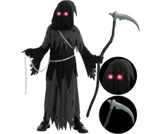 Spooktacular Creations vaikiškas Mirties pjovėjo kostiumas su šviečiančiais akiniais, XL, 20255-XL