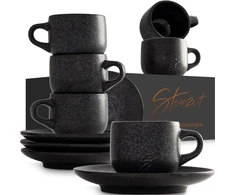 Steinzeit espresso puodelių ir lėkštelių rinkinys, keramika, 6 x 80 ml, rankų darbo, juoda