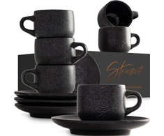 Steinzeit espresso puodelių ir lėkštelių rinkinys, keramika, 6 x 80 ml, rankų darbo, juoda