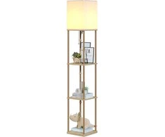 SUNMORY grindų lempa su lentynomis, LED 9 W, 3 spalvų temperatūros, E27, 160 cm, medžio ir metalo konstrukcija