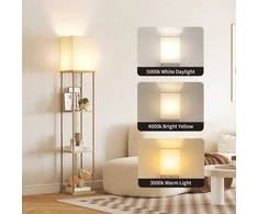 SUNMORY grindų lempa su lentynomis, LED 9 W, 3 spalvų temperatūros, E27, 160 cm, medžio ir metalo konstrukcija