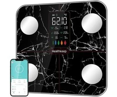 Svarstyklės Healthkeep išmani asmeninė kūno analizės svarstyklė su riebalų ir raumenų matavimu, 15 rodmenų, pulsometras, juodas marmuras, FG2016LB