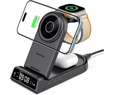 SwanScout 4‑in‑1 magnetinė belaidė MagSafe įkrovimo stotelė su laikrodžiu, 18 W, S10008