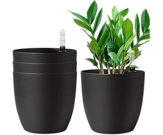 T4U dekoratyvinis plastikinis gėlių vazonas, 22 cm, su savilaistymo sistema, 4 vnt. rinkinys, juodas