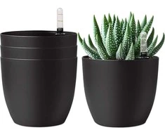 T4U dekoratyvinis plastikinis vazonas su savilaistymo sistema ir vandens lygio indikatoriumi, 15 cm, 4 vnt. rinkinys