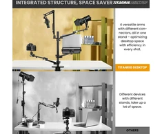 TARION 4-in-1 stalo laikiklis su mikrofono ir monitoriaus mechaniniais lankstais TitanRig-Desk