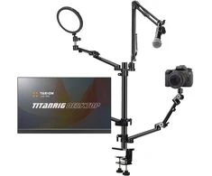 TARION 4-in-1 stalo laikiklis su mikrofono ir monitoriaus mechaniniais lankstais TitanRig-Desk