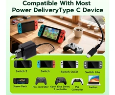 Tolesum tinklo įkroviklis Nintendo Switch 2/OLED/Lite, 60 W USB-C, 1.5 m