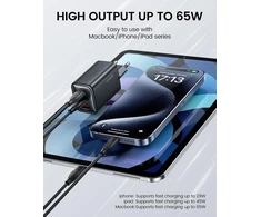 toocki 65 W GaN tinklo įkroviklis su 3 prievadais ir 1 m USB-C laidu, TCT65-22