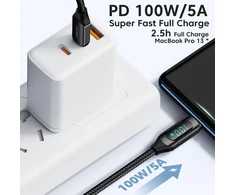 Toocki USB-C į USB-C laidas su LED ekranu, 100W, 1 m, greitasis krovimas, juodas, TQ-X03C2