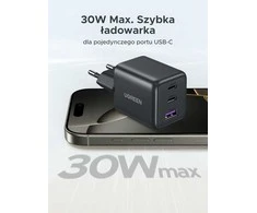 UGREEN 30W GaN II 3 lizdų USB-C / USB-A sieninis įkroviklis, juodas