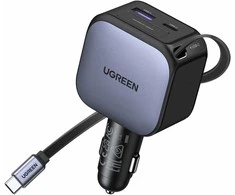 UGREEN 3‑in‑1 90 W automobilinis įkroviklis su 60 W ištraukiamu USB‑C laidu, 3x USB jungtys