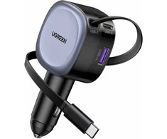 UGREEN 75 W ištraukiama automobilinė USB‑C / USB A įkroviklis su 75 cm C kabeliu, 3 lizdai, EC601